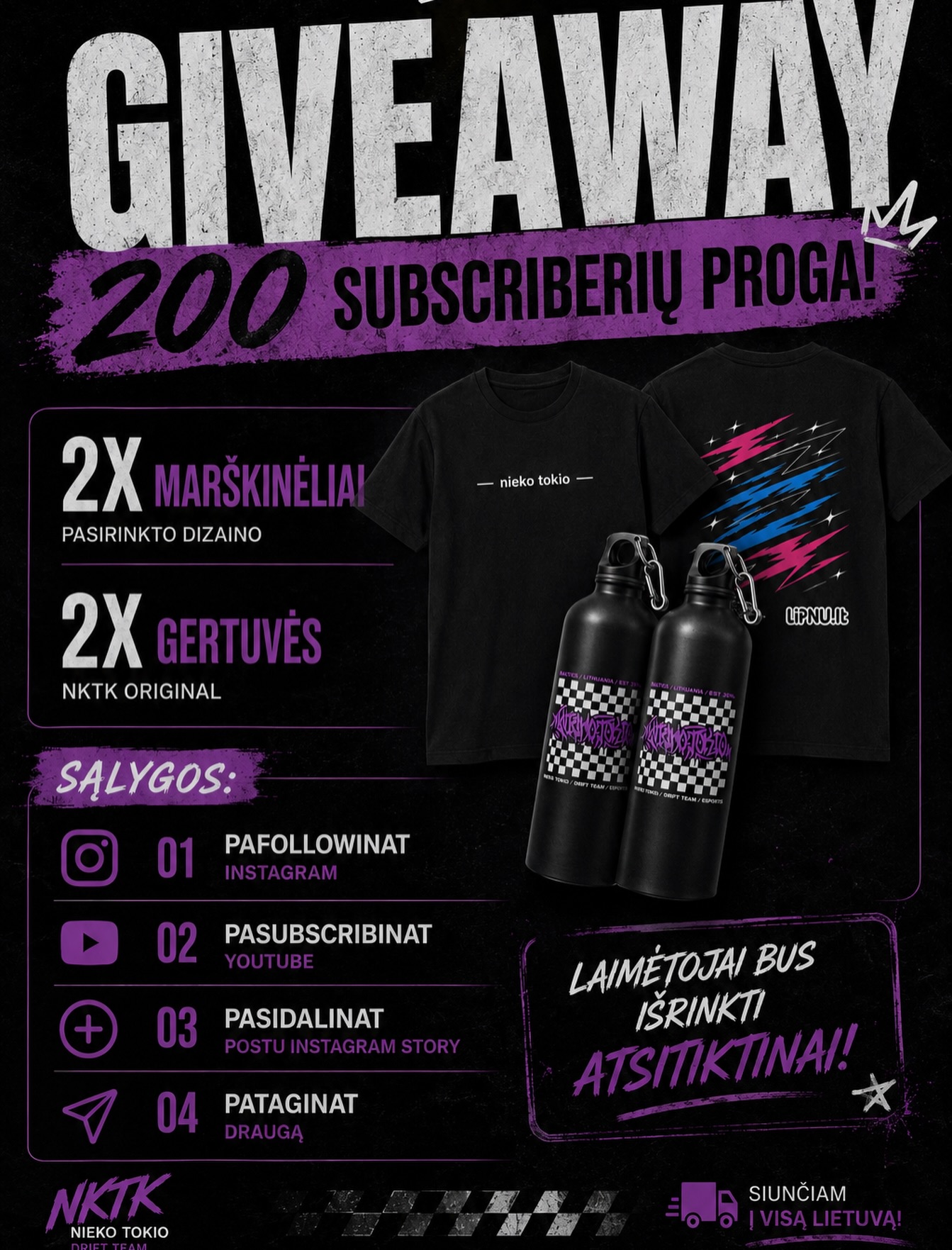 NKTK giveaway 200 YouTube prenumeratorių proga - laimėk marškinėlius ir NKTK gertuvę