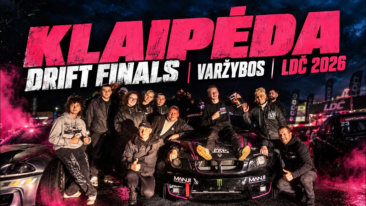 Klaipėda Drift Finals varžybos LDČ 2026 – NKTK komanda su Beno Jonučio taure prie drifto bolido, naujo YouTube video viršelis