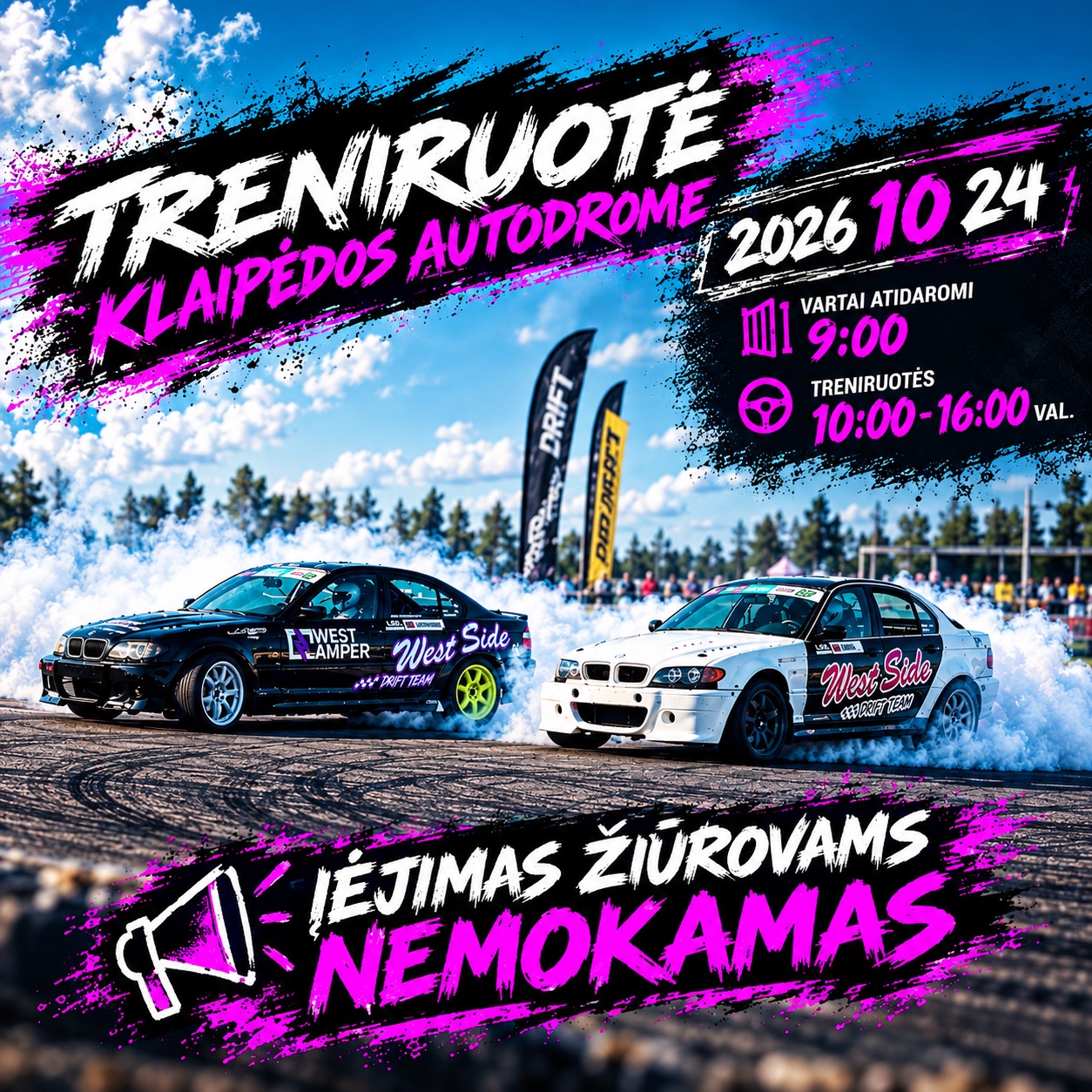 Drifto treniruotė Klaipėdos autodrome 2026 spalio 24 d. — vartai 9:00, treniruotės 10:00–16:00, įėjimas žiūrovams nemokamas