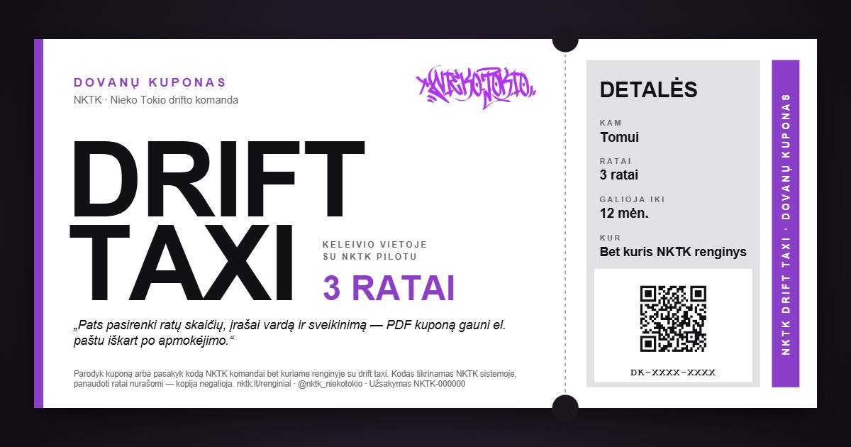 NKTK drift taxi dovanų kuponas - važiavimas keleivio vietoje drifto bolide, PDF kuponas su kodu