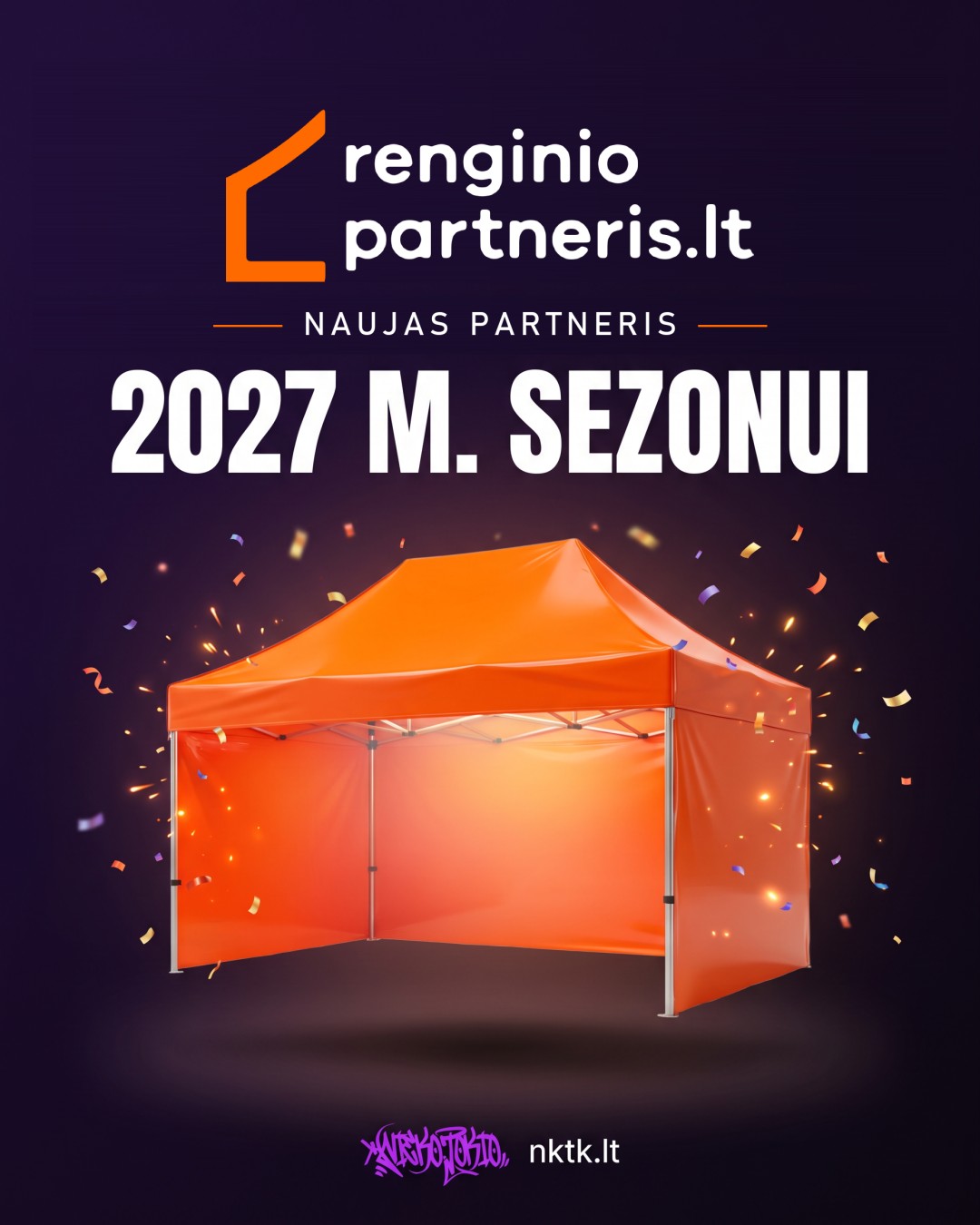 RenginioPartneris.lt logotipas ir oranžinė renginių palapinė: naujas NKTK partneris 2027 m. sezonui
