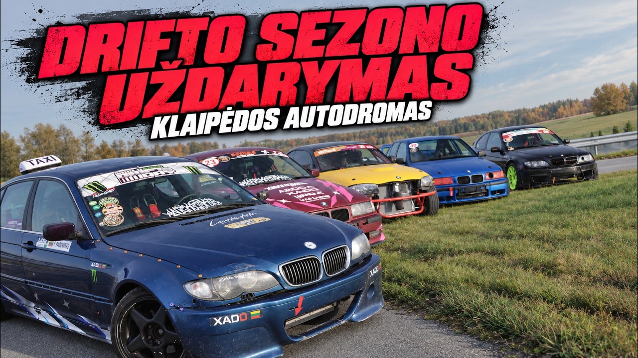NKTK YouTube video viršelis: Drifto sezono uždarymas Klaipėdos autodrome — penkios NKTK komandos mašinos eilėje